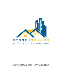 Un logo para Stone Insights Building Construction. La casa es azul y amarillo, y el edificio es azul y blanco