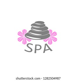 Logo stones and pink flower for Spa, beauty salon, massage area, Chinese and Japanese medicine. Grey emblem for yoga center, health and wellness studio and natural cosmetics.