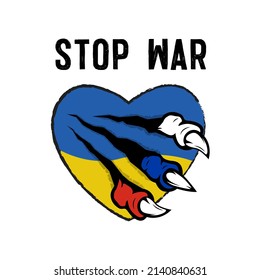 Logo beenden den Krieg. Der Pfau des russischen Monsters bricht das Herz der Ukraine. Vektorgrafik