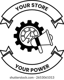 Logo de una tienda que dice "Tu tienda es tu poder". El logo presenta un engranaje con un cerrojo eléctrico y un micrófono