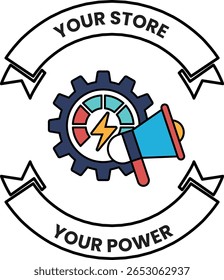 Logo de una tienda que dice "Tu tienda es tu poder". El logotipo cuenta con un engranaje y un amplificador