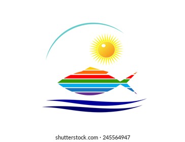 Logo. Striped fish color of a rainbow, wave and sun