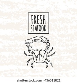 Logo in the style of hand drawn. Hands drawn elements in a decorative box, Asian food, fresh seafood with crab. Sticker, badge or card for production in print and stores. Vector illustration