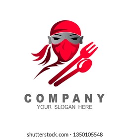 logo  style illustration ninja chef , spoon and fork icon, restaurant icon 