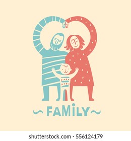 Logo style image of a happy family. A man with a beard, a woman with shoulder-length hair and their smiling young son wearing a blend of their colours. 