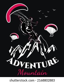 Logo in the style of minimalism. Mountains over which paragliders fly. Vector stock illustration. Adventure. Soaring. Black background