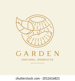 Logo in the style of a simple line, an apple under the sun rays. Brand logo with a golden outline.