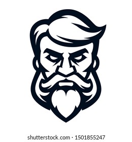 Logo stylish hairdresser, icon of a bearded and mustachioed man. Barbershop. Vector illustration, isolated on white background. Simple shape for design emblem, symbol, sign, badge, label, stamp.