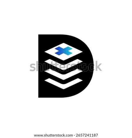 A logo with a stylized black letter 