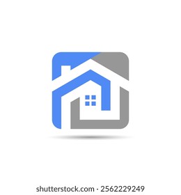 Logo with a stylized blue house, including a roof and a four-pane window. A grey element in the background adds depth, giving the design a professional and modern look, ideal for 