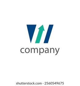 A logo with a stylized blue 'W' featuring an upward arrow in the center
