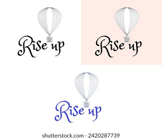 Logo stylized hot air balloon in linear style with the inscription rise up. Balloon in doodle style. Linear logo. Logo in two colors. Logo for travel agency, travel services, relocation, etc.