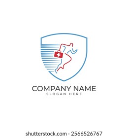 logo with a stylized image of a running figure carrying a medical bag, enclosed within a protective shield. conveys speed, urgency, and safety. for emergency services, healthcare, and sports medicine