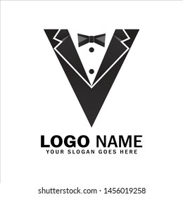 Logo suit jacket, tuxedo suit logo vector, logo letter V in the form suit, clothing boutique symbol