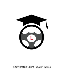 Un logotipo apto para la actividad de aprendizaje de la conducción, el volante de un vehículo y el sombrero
