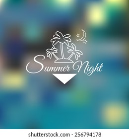 Logo summer beach at night. Logo design consists of palm trees, island, moon, stars and text. Vector illustration on a blurred background.