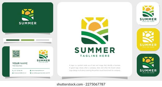 A logo for summer with a field and sun on it with business card template