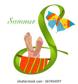 Logo for the summer holidays. It contains capital letter S and inscription summer, bare feet, a butterfly, a hammock. Vector picture with vivid colors. EPS 10.