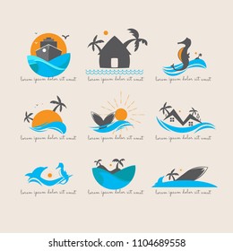 logo Summer sea, fish, palm trees. wallpapers. Vector illustration. Dolphin. Bird. sun. Windsurfing