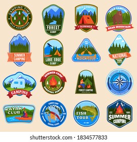 Logo summer tourism vector illustration set. Cartoon flat tourist camping and summertime extreme sport outdoor activity stickers or stamps collection of hiking trekking kayaking rafting in wild nature