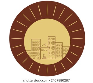 The logo of the sun, in the center there is a city, and between the houses there is a Church, sanctifying the area. Along the edges of the emblem are drawn rays of the sun.
