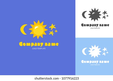 Logo with sun, moon and stars  in three color version. Template for style design.