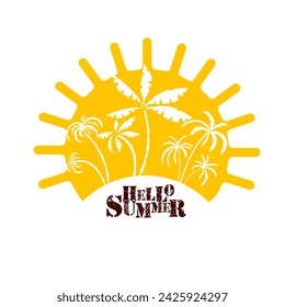 Logo sun and palm trees. Hello summer. hand drawing. Not AI. Vector illustration