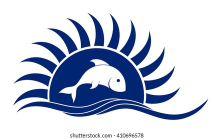 Logo of sun and sea with fishes.