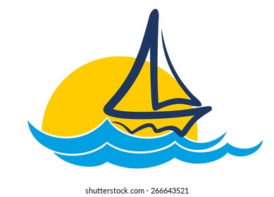 Logo the sun and the sea with a sailing vessel.