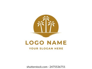 Logo sunset beach and coconut trees, logo beach restaurant, traveling. Editable file
