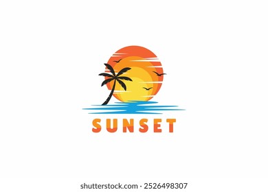 Logo Sunset Beach with Silhouette Palm Tree Abstract Illustration