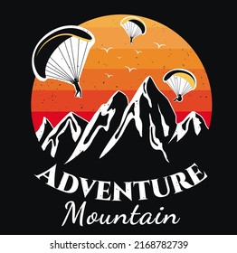 Logo with sunset and mountains. Paragliders. Vector stock illustration. Adventure. Extreme sports. Rocks. Black background. Retro style