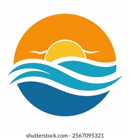  Logo sunset over the water, Sun reflected in the sea. Simple design