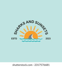 logo sunset and shark icon vector symbol illustration design, sun vintage logo for business company design