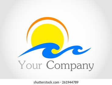 Logo sunshine with rays on water. Logo sun and water a for the company. Sun and Sea.