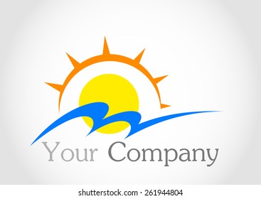 Logo sunshine with rays on water. Logo sun and water a for the company. Sun and Sea.