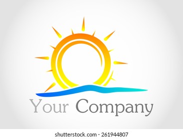 Logo sunshine with rays on water. Logo sun and water a for the company. Sun and Sea.