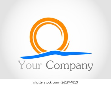 Logo sunshine with rays on water. Logo sun and water a for the company. Sun and Sea.