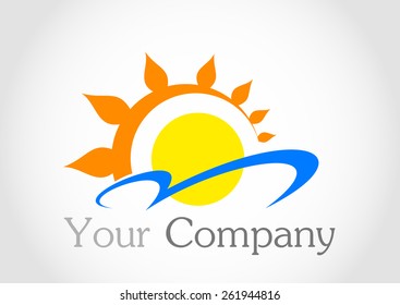 Logo Sunshine With Rays On Water. Logo Sun And Water A For The Company. Sun And Sea.