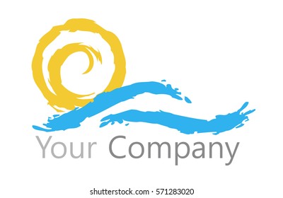 Logo sunshine with rays on water. Logo sun and water a for the company. Sun and Sea.