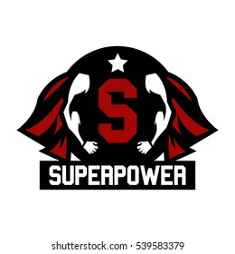 Logo superhero. Cloak superman. Muscular arms. Logo on superhero defender of order, fight against crime and criminality. The representative of justice. Most of the letter in the middle. Star. 