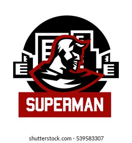 Logo superman. Superhero costume, cape, town. Logo on superhero defender of order, fight against crime and criminality. The representative of justice. Vector illustration. Flat style 