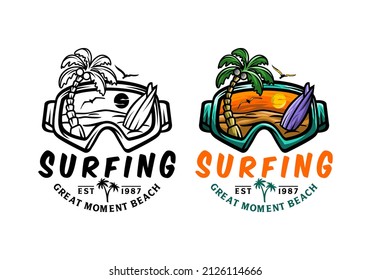 Logo Surfing Beach Sunset Vector Illustration Template with Simple Elegant Design Good for Any Industry