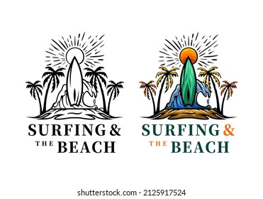 Logo Surfing and the Beach Vector Illustration Template with Simple Elegant Design Good for Any Industry