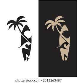 Plantilla de Ilustración vectorial de playa de surf de logotipo. Logotipo para etiqueta, vacaciones de verano, insignia, emblema y comunidad