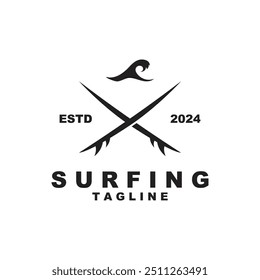 Plantilla de Ilustración vectorial de playa de surf de logotipo. Logotipo para etiqueta, vacaciones de verano, insignia, emblema y comunidad