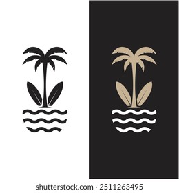 Plantilla de Ilustración vectorial de playa de surf de logotipo. Logotipo para etiqueta, vacaciones de verano, insignia, emblema y comunidad