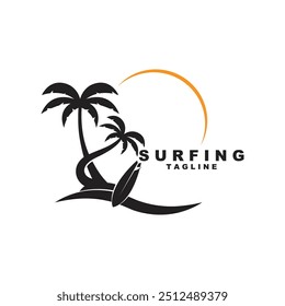 Plantilla de Ilustración vectorial de playa de surf de logotipo. Logotipo para etiqueta, vacaciones de verano, insignia, emblema y comunidad
