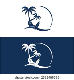 Plantilla de Ilustración vectorial de playa de surf de logotipo. Logotipo para etiqueta, vacaciones de verano, insignia, emblema y comunidad