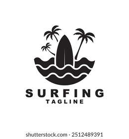 Modelo de ilustração de vetor de praia de surf de logotipo. Logotipo para etiqueta, feriado de verão, emblema, emblema e comunidade